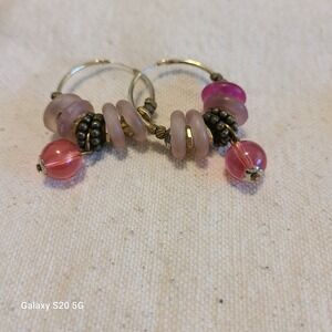Boho Beaded Hoop Earrings Pink Purple Dangle Drop‎ Statement Jewelry